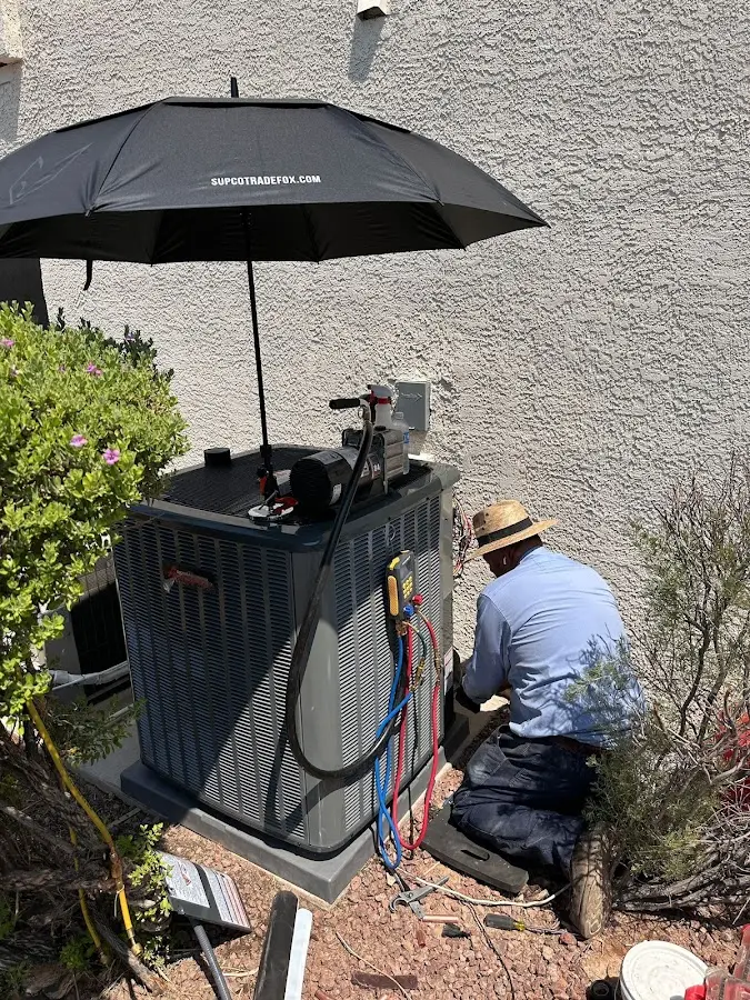 HVAC technician performing outdoor AC maintenance in Three Oaks
